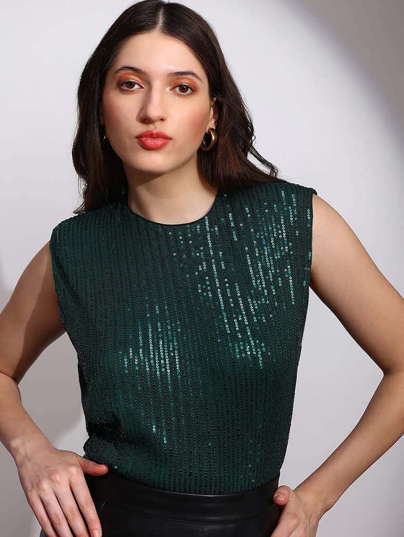 globus women green sequinned embellished round neck sleeveless party top