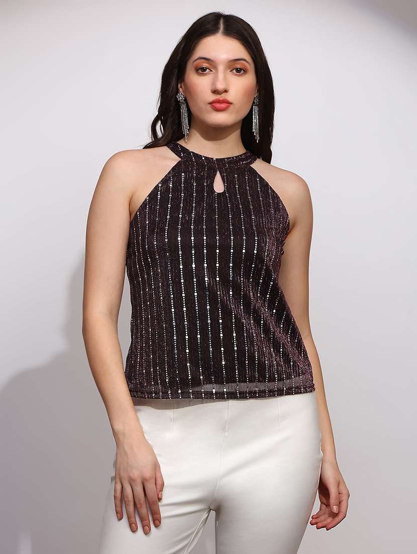 globus women brown spangle embellished halter keyhole neck sleeveless party top - 22147832 -  Standard Image - 1