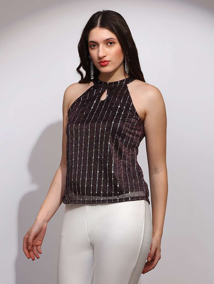 globus women brown spangle embellished halter keyhole neck sleeveless party top - 22147832 -  Standard Image - 4