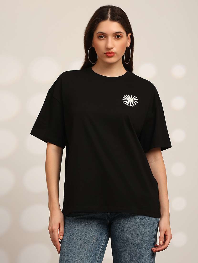 globus women black back graphic print round neck drop shoulder sleeves oversized t-shirt