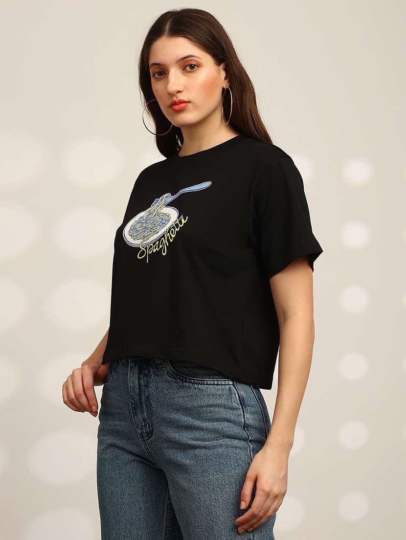 globus women black graphic print round neck drop shoulder sleeves oversized crop t-shirt - 22147836 -  Standard Image - 1