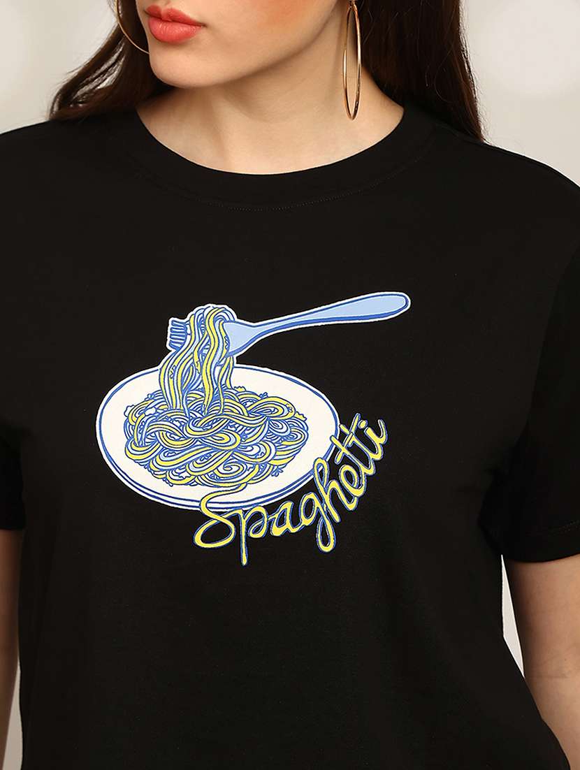 globus women black graphic print round neck drop shoulder sleeves oversized crop t-shirt - 22147836 -  Standard Image - 4