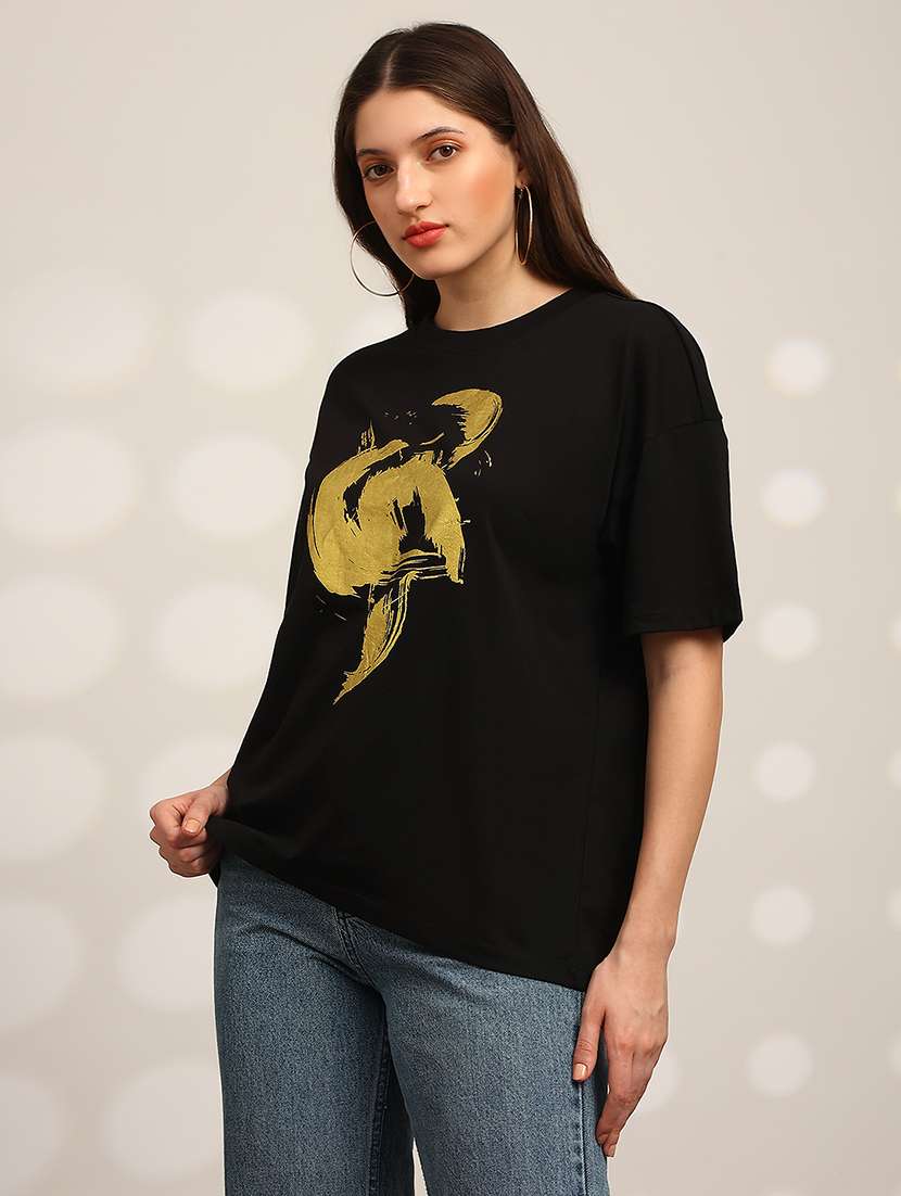globus women black graphic print round neck drop shoulder sleeves oversized t-shirt - 22147839 -  Standard Image - 1