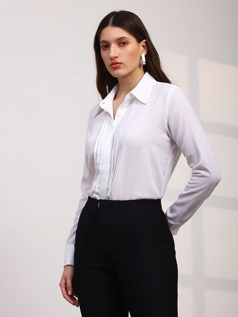 globus women off white spread collar cuffed sleeves straight hem pleated workwear shirt  - 22147840 -  Standard Image - 1