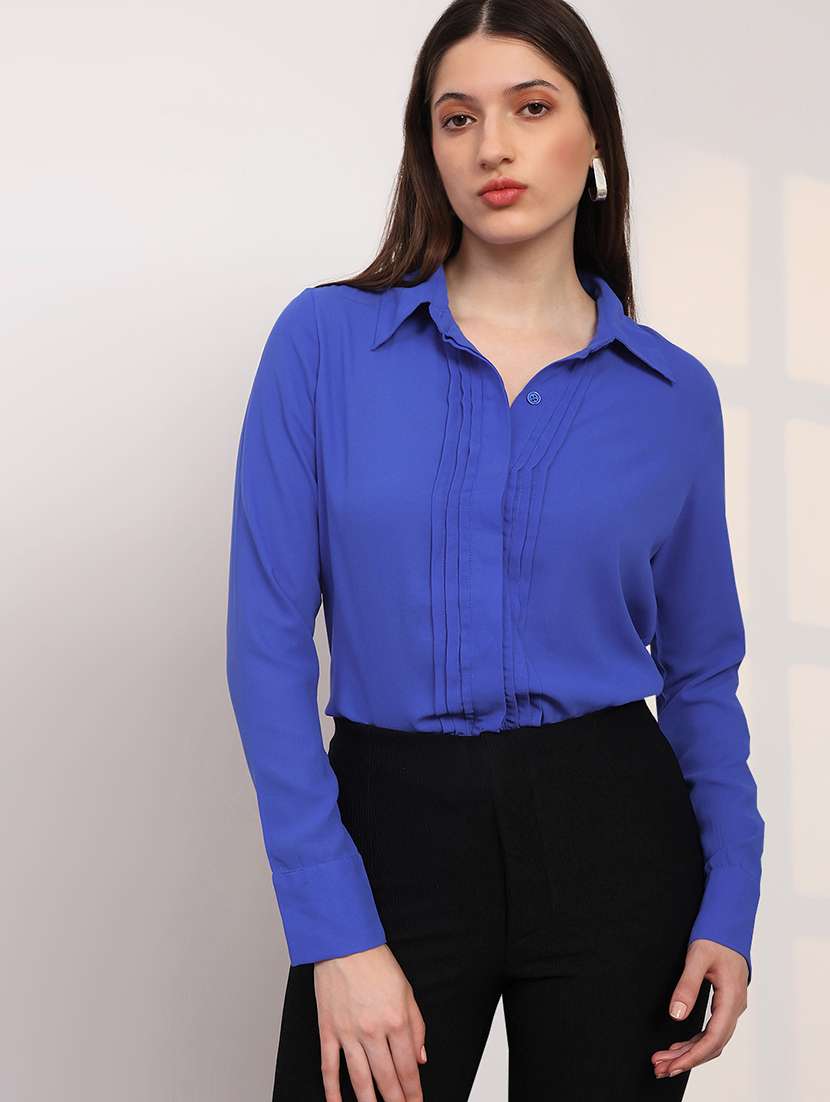 globus women blue spread collar cuffed sleeves straight hem pleated workwear shirt 