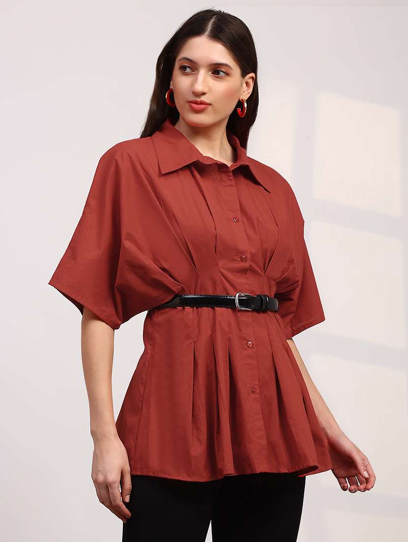 globus women red spread collar extended sleeves flared hem pleated shirt - 22147842 -  Standard Image - 1