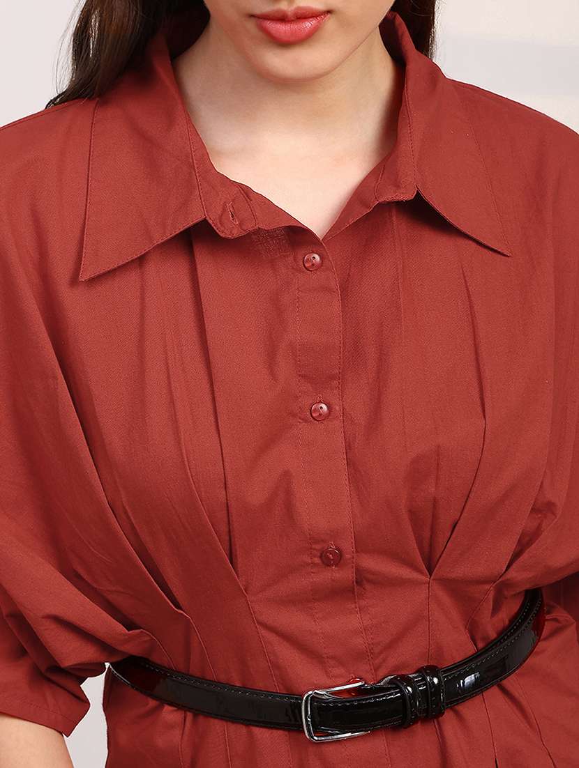 globus women red spread collar extended sleeves flared hem pleated shirt - 22147842 -  Standard Image - 4