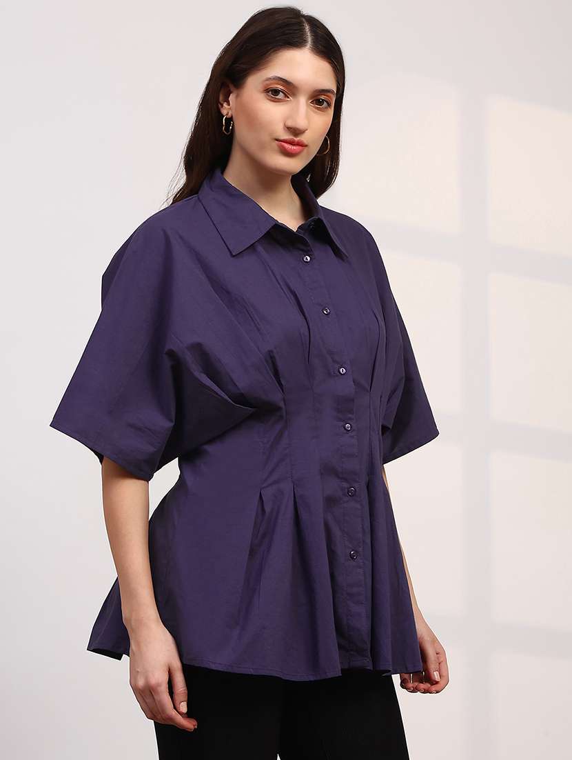 globus women purple spread collar extended sleeves flared hem pleated shirt - 22147843 -  Standard Image - 1