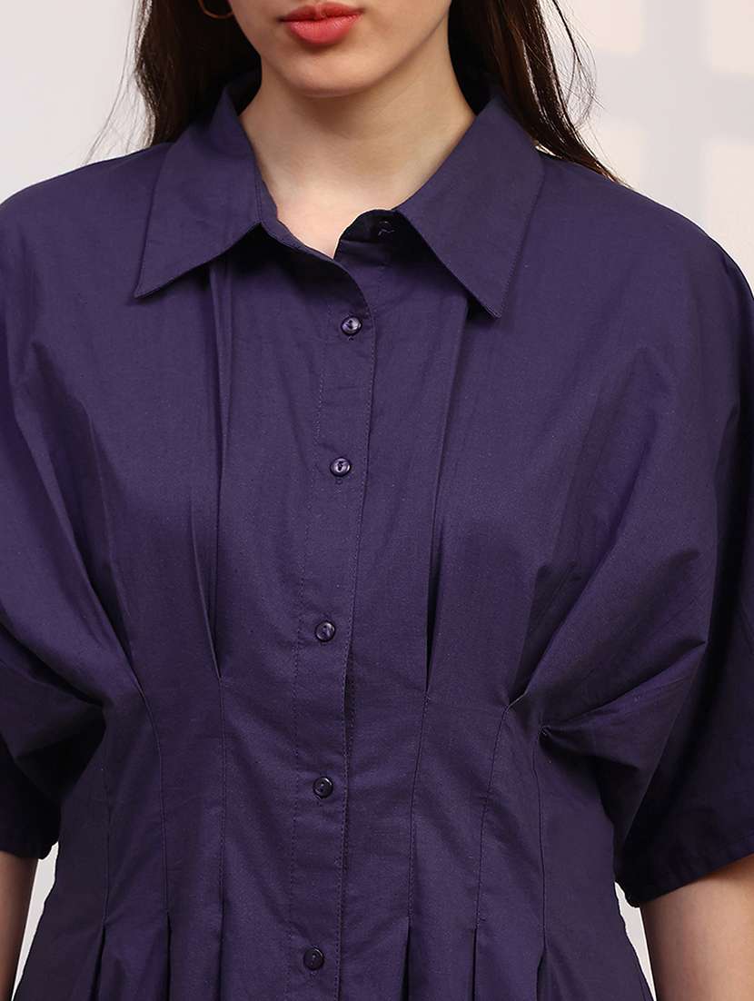 globus women purple spread collar extended sleeves flared hem pleated shirt - 22147843 -  Standard Image - 4