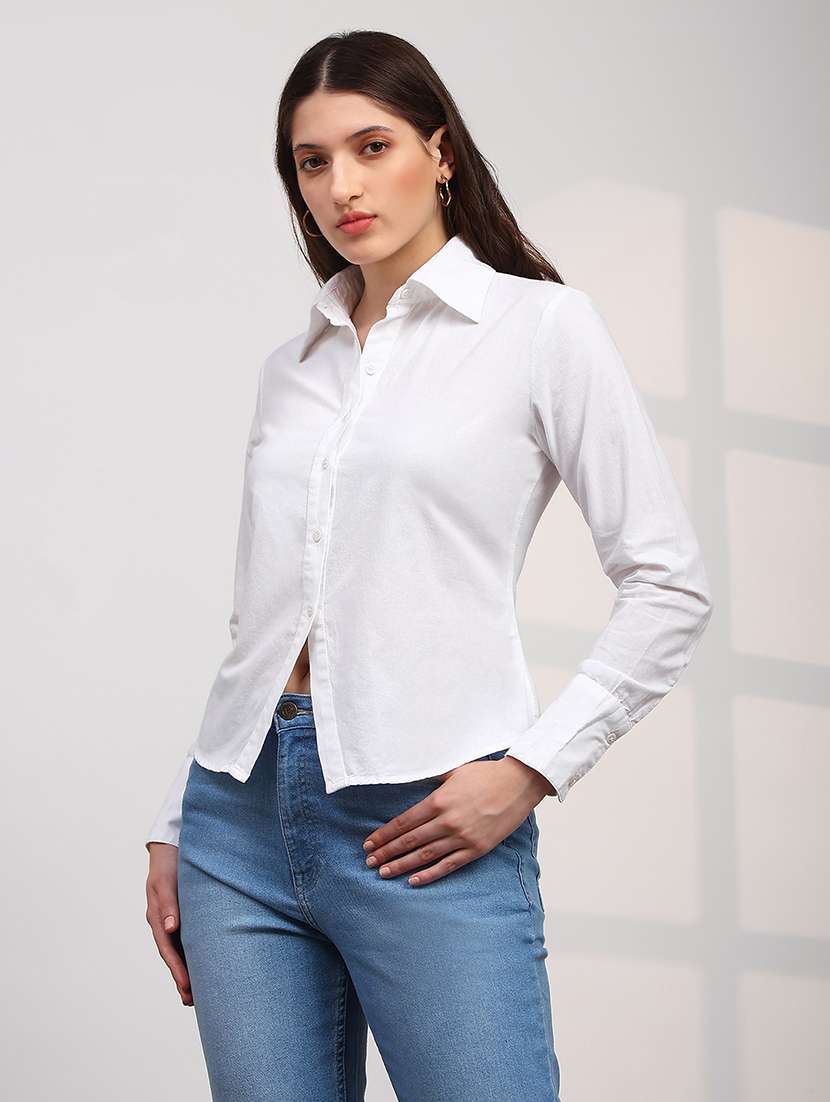 globus women white spread collar cuffed sleeves back tie-up detail curved hem workwear shirt - 22147844 -  Standard Image - 1