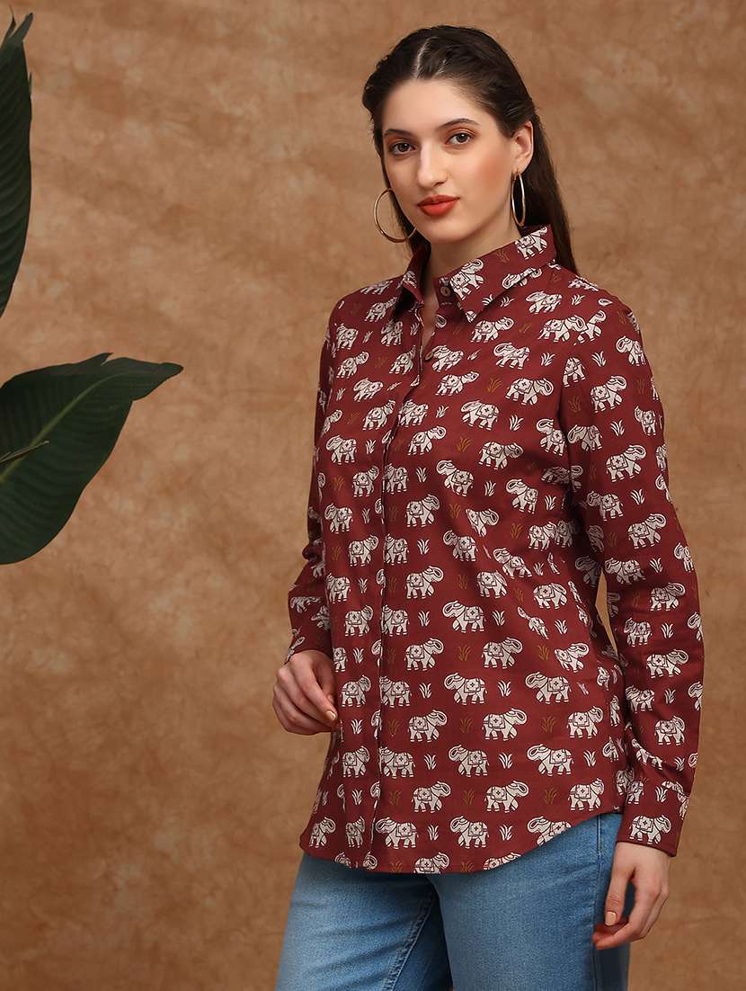 globus women red collared neck cuffed sleeves tribal print shirt style fusion wear tunic