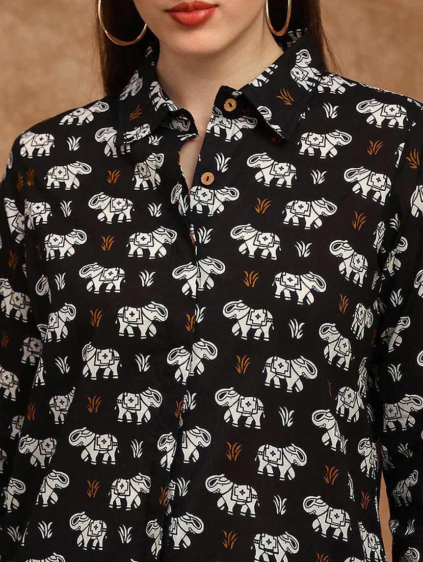 globus women black collared neck cuffed sleeves tribal print shirt style fusion wear tunic - 22147847 -  Standard Image - 4