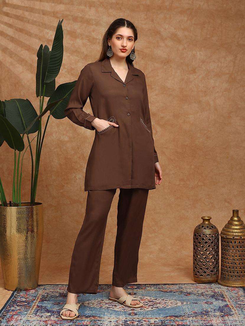 globus women brown cuban collar cuffed sleeves embroidered detail pockets shirt style tunic & trousers co-ord set