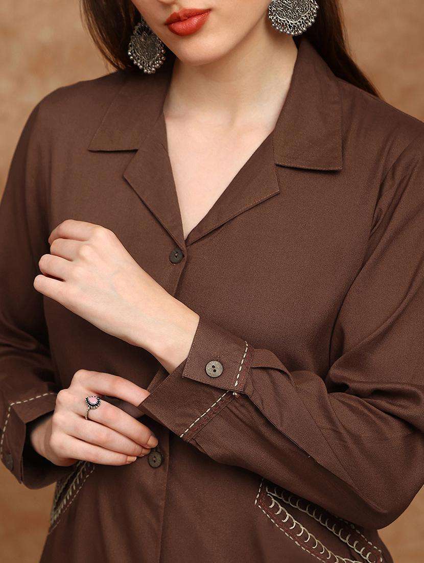 globus women brown cuban collar cuffed sleeves embroidered detail pockets shirt style tunic & trousers co-ord set - 22147848 -  Standard Image - 1