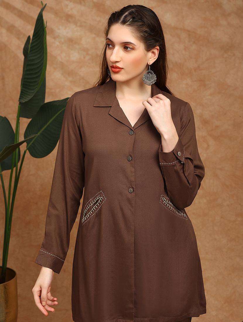 globus women brown cuban collar cuffed sleeves embroidered detail pockets shirt style tunic & trousers co-ord set - 22147848 -  Standard Image - 4