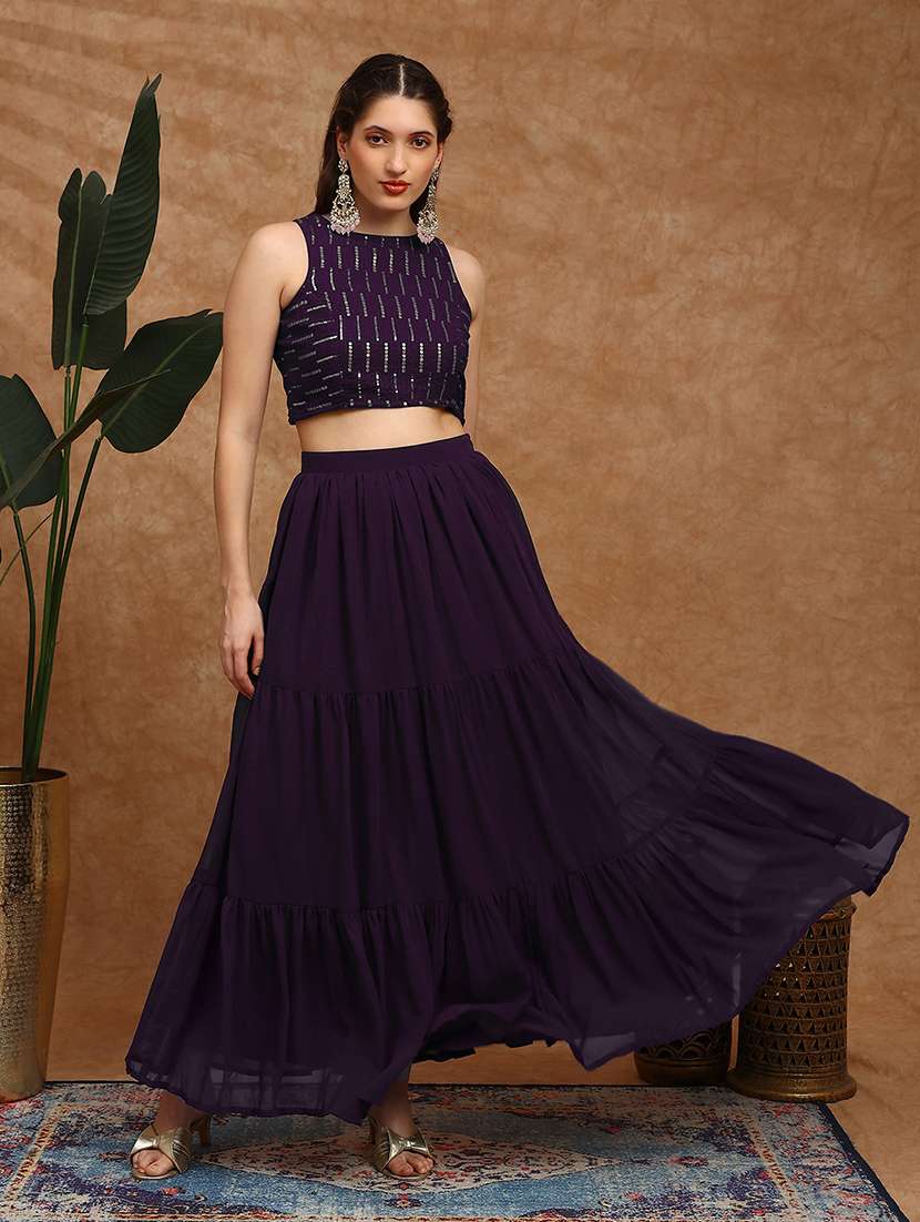 globus women purple sequinned embroidered halter neck sleeveless georgette crop top & tiered skirt fusion co-ord set