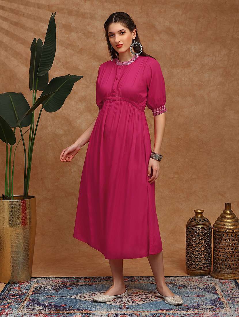 women solid puff sleeve a-line ethnic dress - 22147852 -  Standard Image - 1