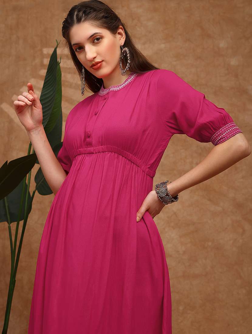 women solid puff sleeve a-line ethnic dress - 22147852 -  Standard Image - 4