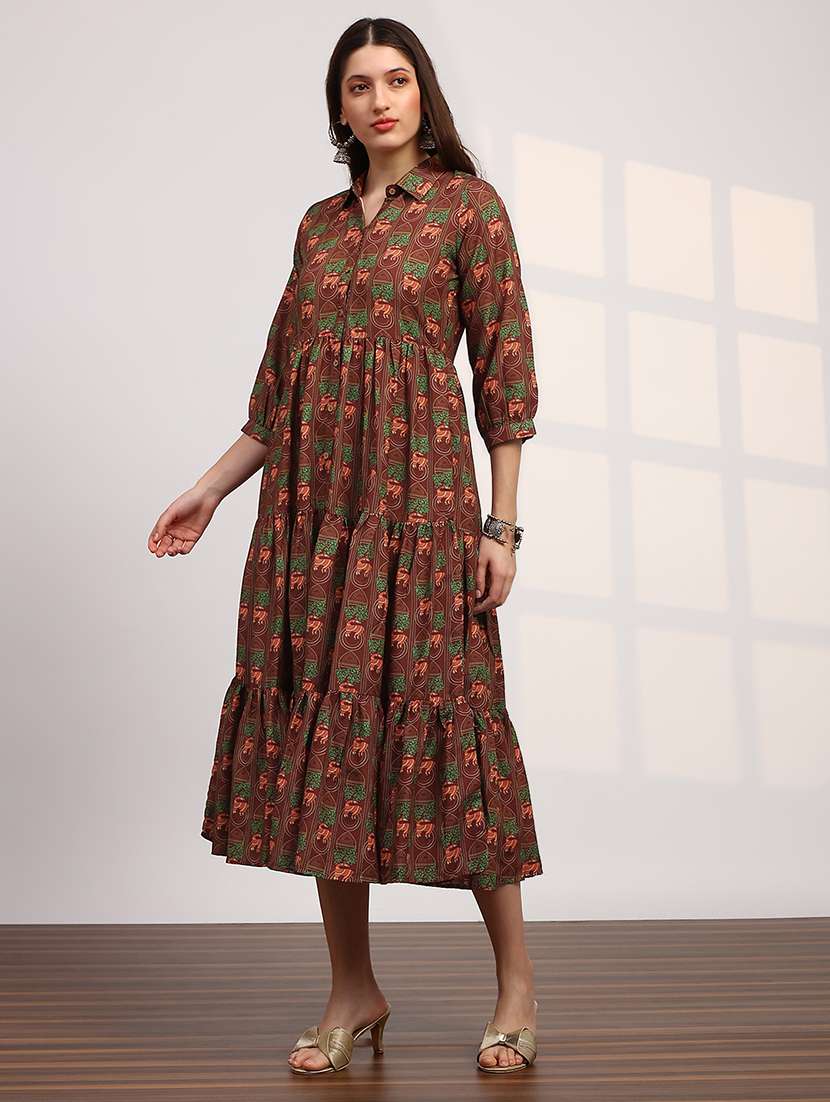 globus women brown collared neck tribal print bishop sleeves button down fit and flare tiered midi fusion dress - 22147853 -  Standard Image - 1