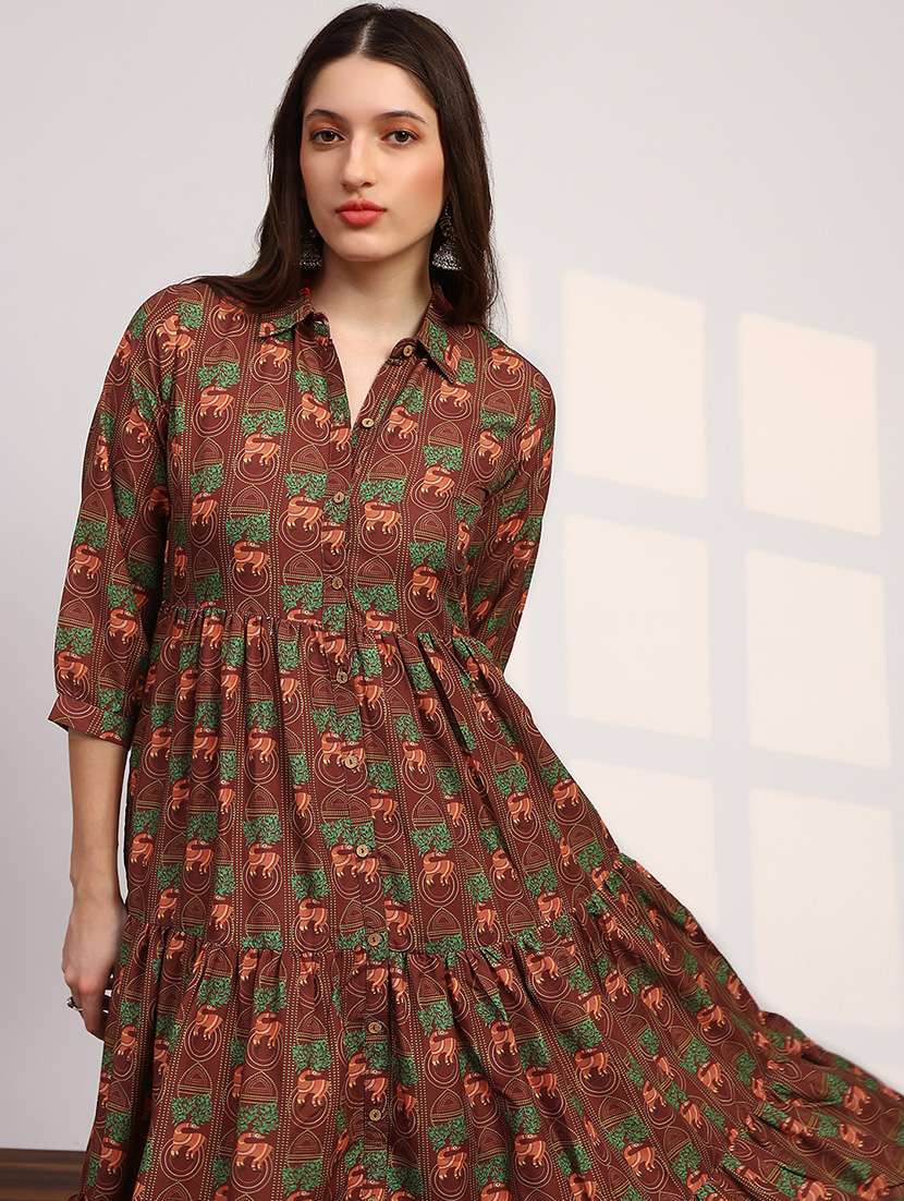 globus women brown collared neck tribal print bishop sleeves button down fit and flare tiered midi fusion dress - 22147853 -  Standard Image - 4
