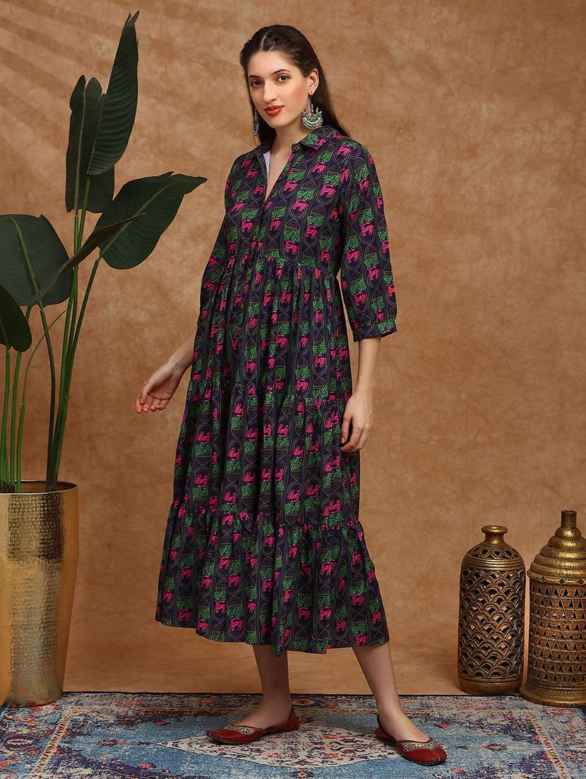 globus women purple collared neck tribal print bishop sleeves button down fit and flare tiered midi fusion dress - 22147854 -  Standard Image - 1