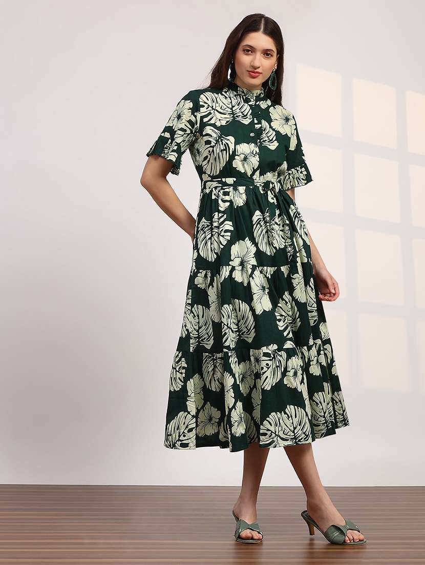 globus women green floral print mandarin collar ruffle sleeve waist tie-ups fit and flare midi fusion dress