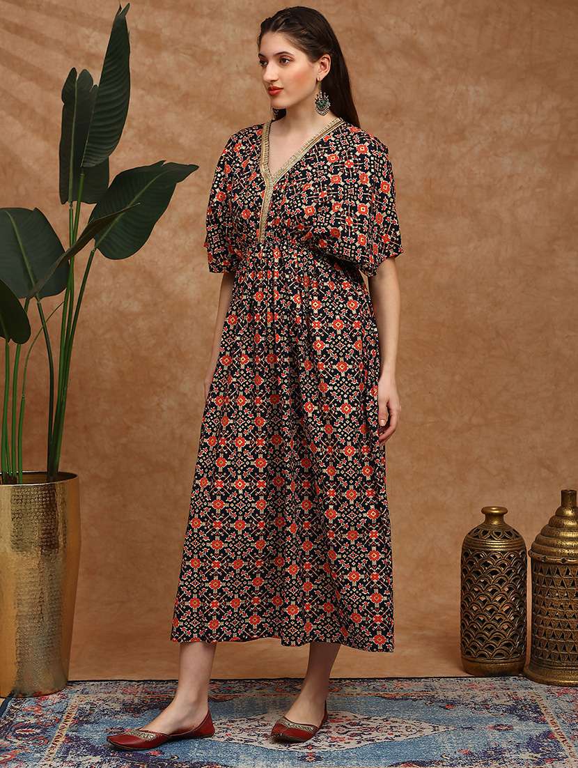 globus women black ethnic print v-neck kimono sleeves gathered detail fit and flare festive dress - 22147856 -  Standard Image - 1