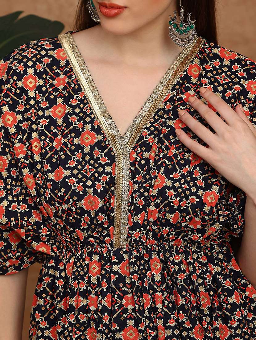 globus women black ethnic print v-neck kimono sleeves gathered detail fit and flare festive dress - 22147856 -  Standard Image - 4