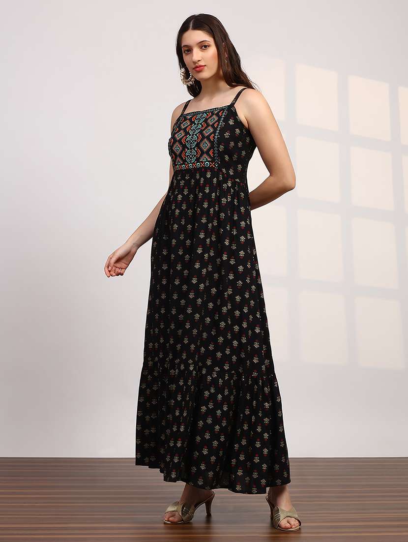 globus women black ethnic print embroidered detail square neck shoulder strap fit and flare maxi dress - 22147857 -  Standard Image - 1