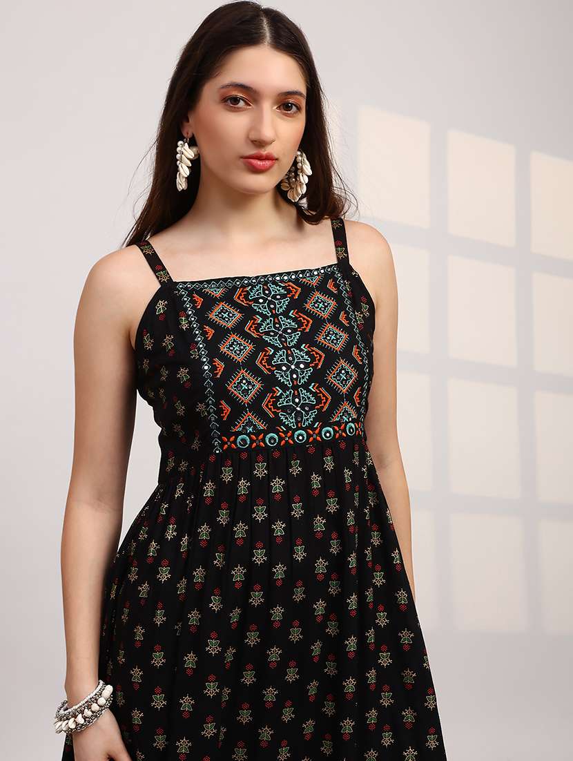 globus women black ethnic print embroidered detail square neck shoulder strap fit and flare maxi dress - 22147857 -  Standard Image - 4