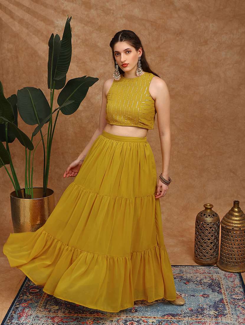 globus women mustard sequinned embroidered halter neck sleeveless georgette crop top & tiered skirt fusion co-ord set