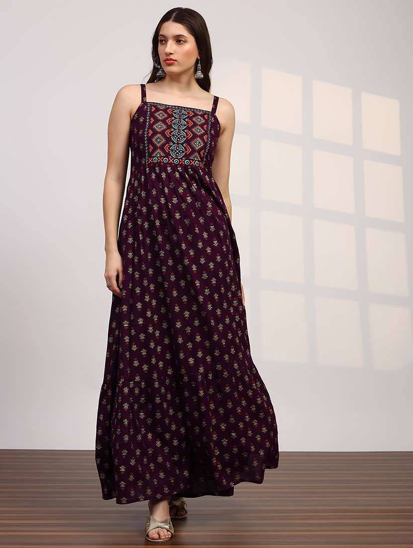 globus women wine ethnic print embroidered detail square neck shoulder strap fit and flare maxi dress