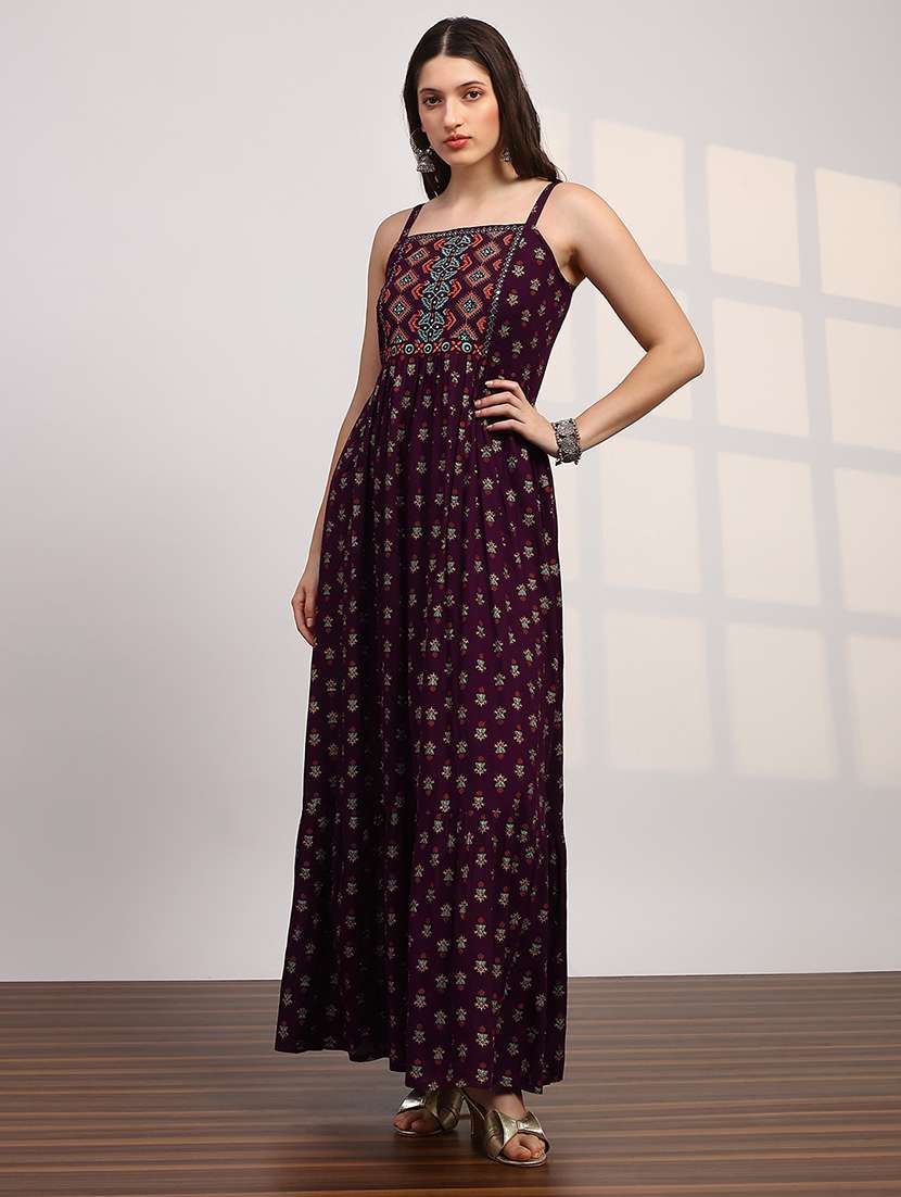 globus women wine ethnic print embroidered detail square neck shoulder strap fit and flare maxi dress - 22147861 -  Standard Image - 1