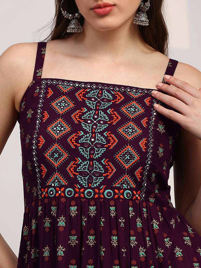 globus women wine ethnic print embroidered detail square neck shoulder strap fit and flare maxi dress - 22147861 -  Standard Image - 4