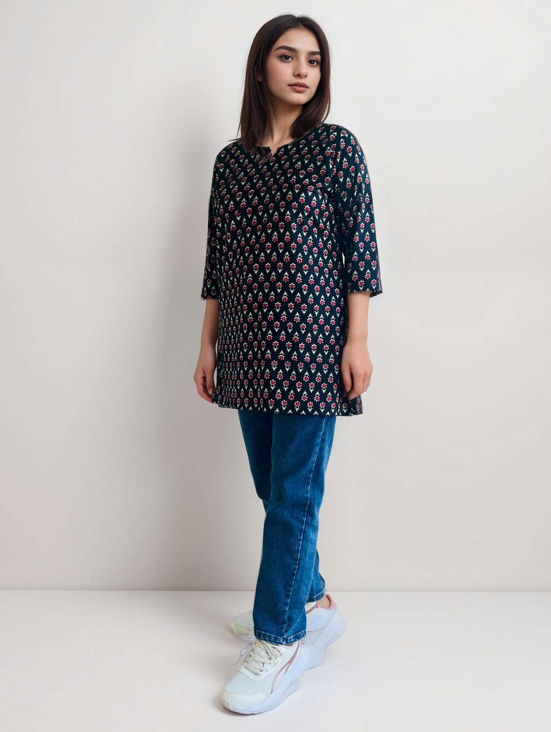 women printed three quarter sleeve straight kurti - 22147958 -  Standard Image - 1