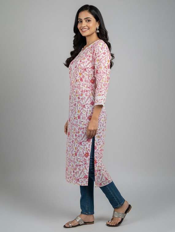 women floral three quarter sleeve straight kurta - 22147980 -  Standard Image - 1
