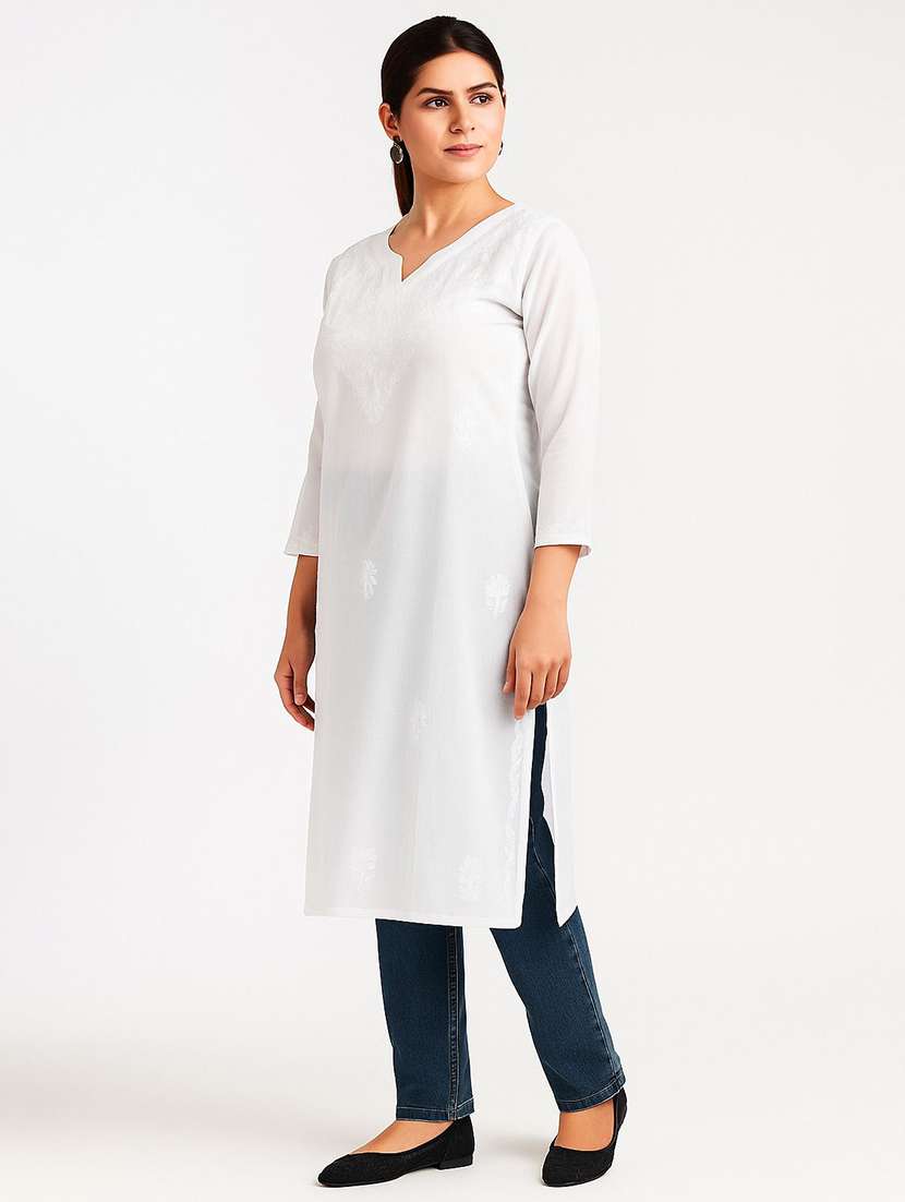 women embroidered three quarter sleeve straight kurta - 22147990 -  Standard Image - 1