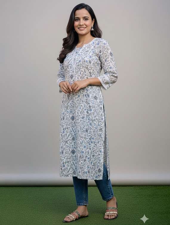 women floral three quarter sleeve straight kurta  - 22147991 -  Standard Image - 1