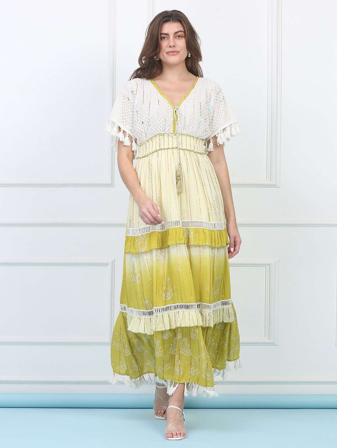 majestic by baani women tiered green maxi full length dress