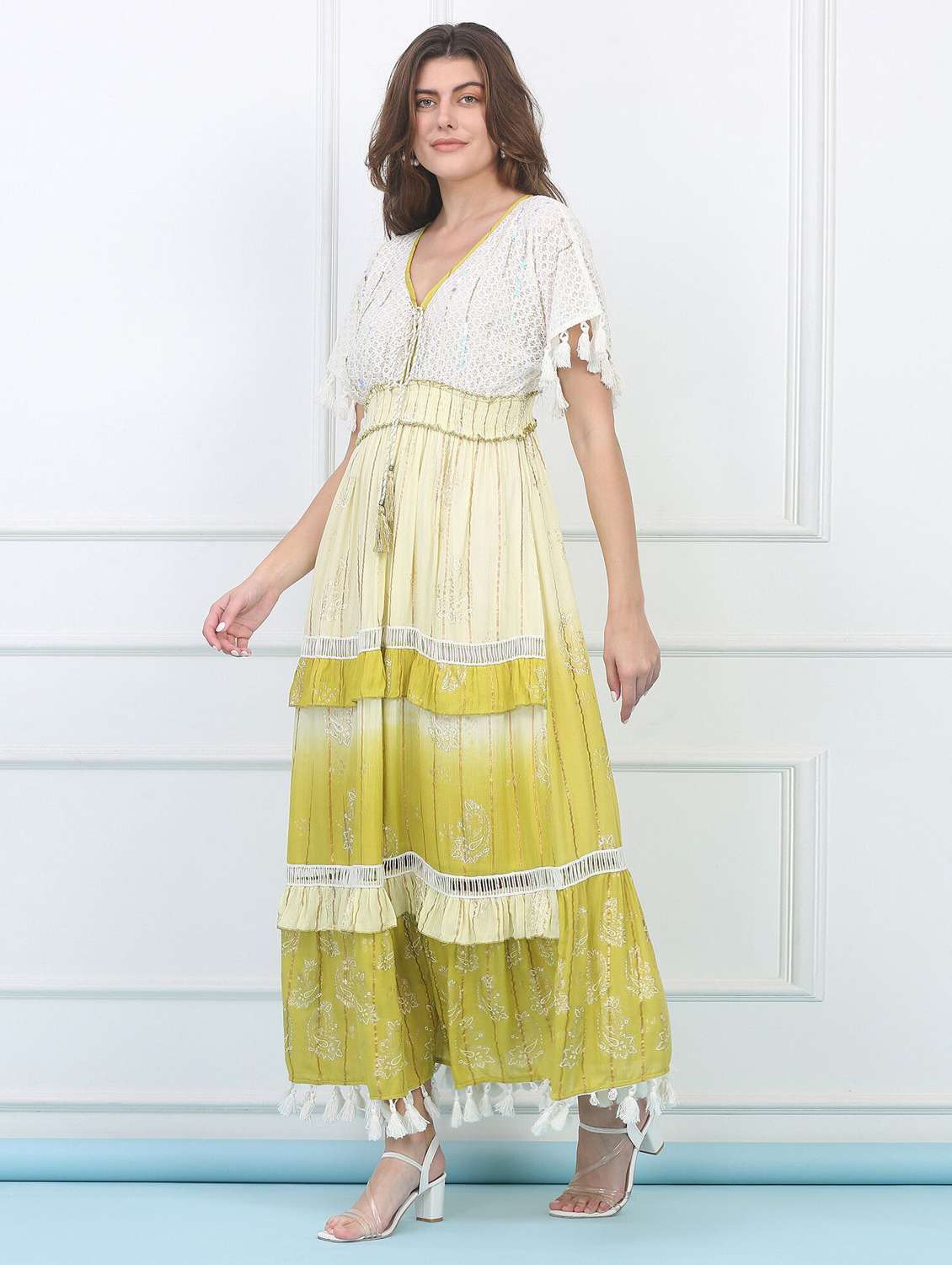 majestic by baani women tiered green maxi full length dress - 22148047 -  Standard Image - 1