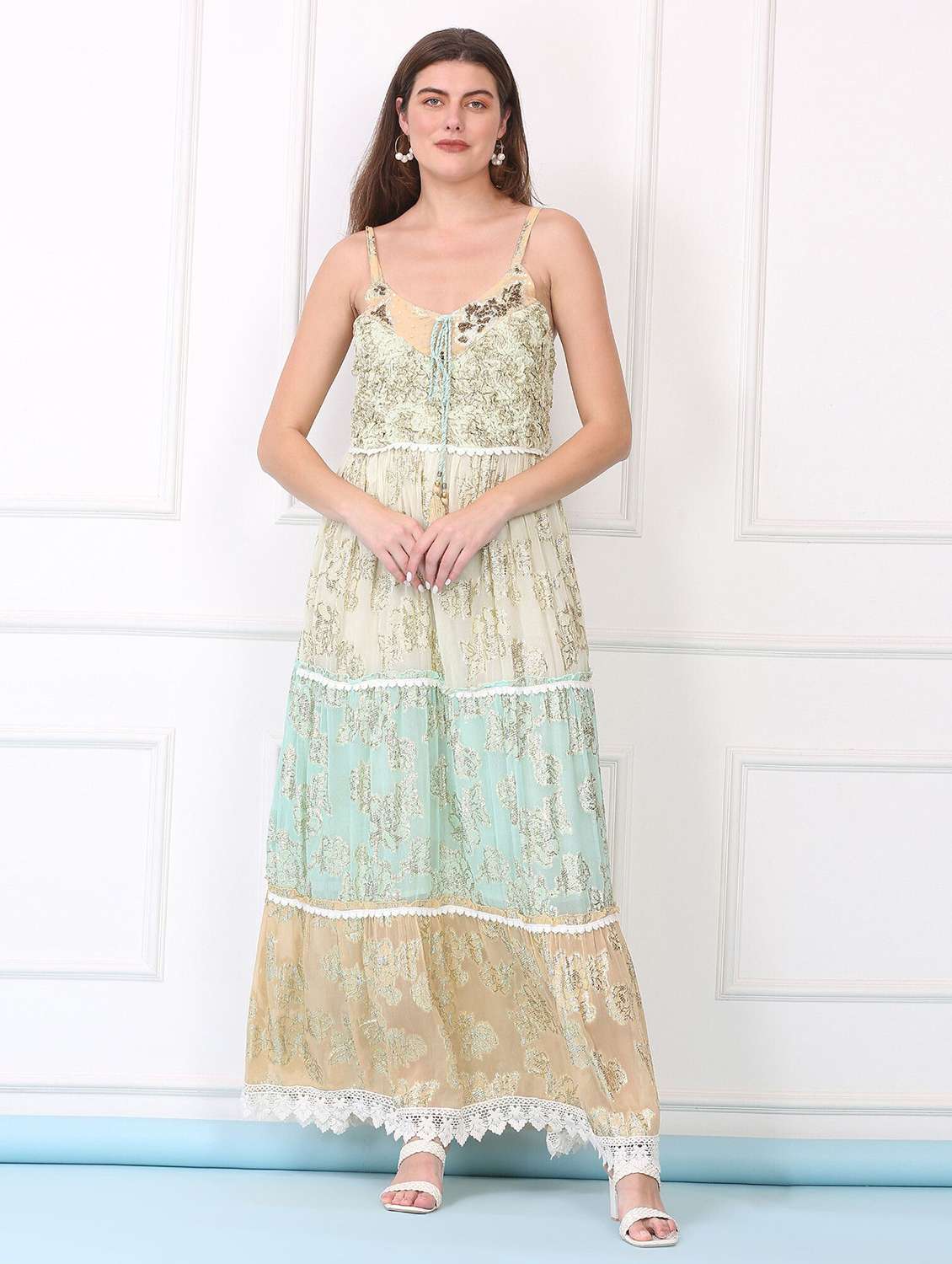 majestic by baani women tiered  multicolor maxi length dress