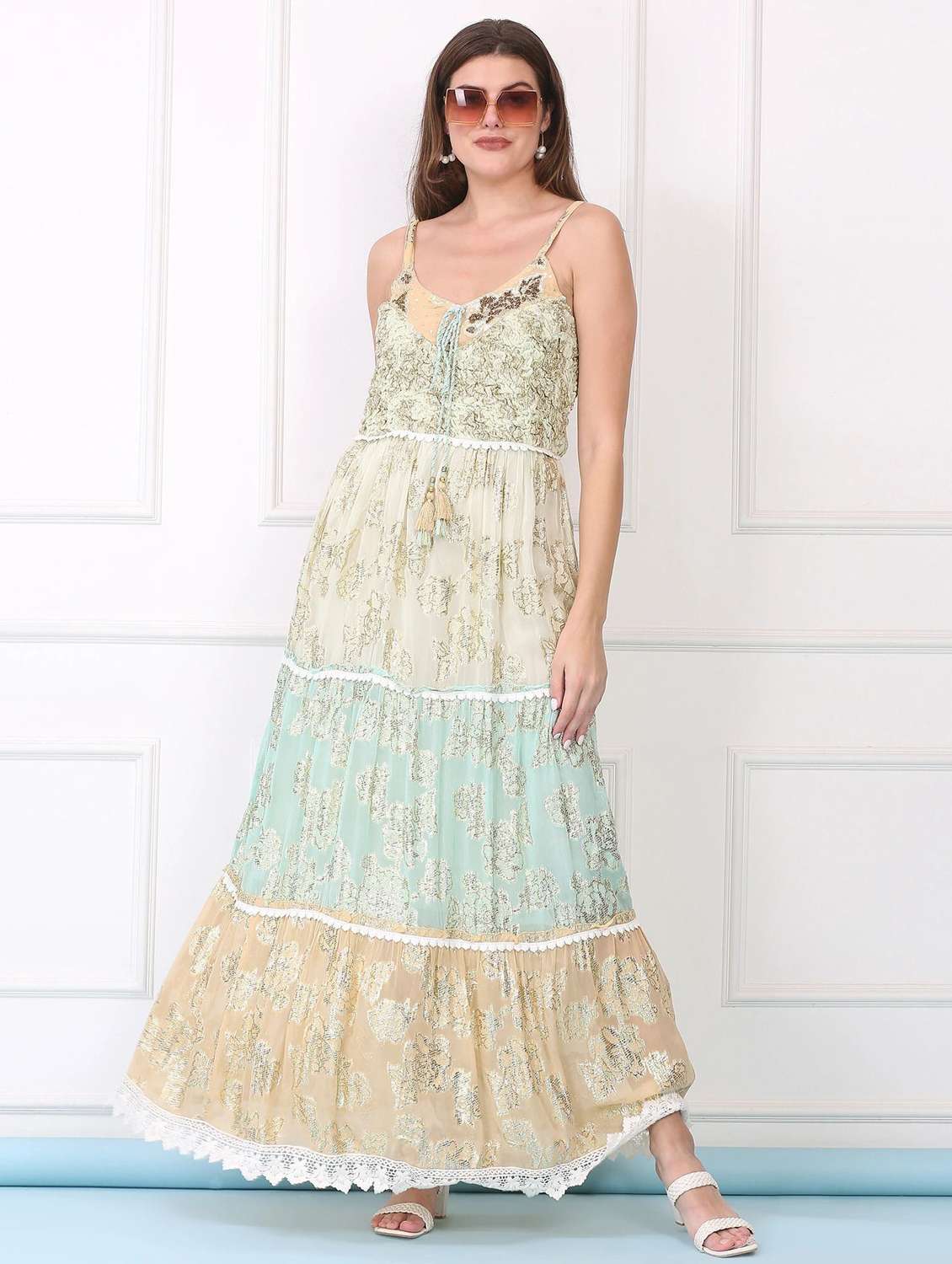 women printed shoulder strap tiered dress - 22148054 -  Standard Image - 1