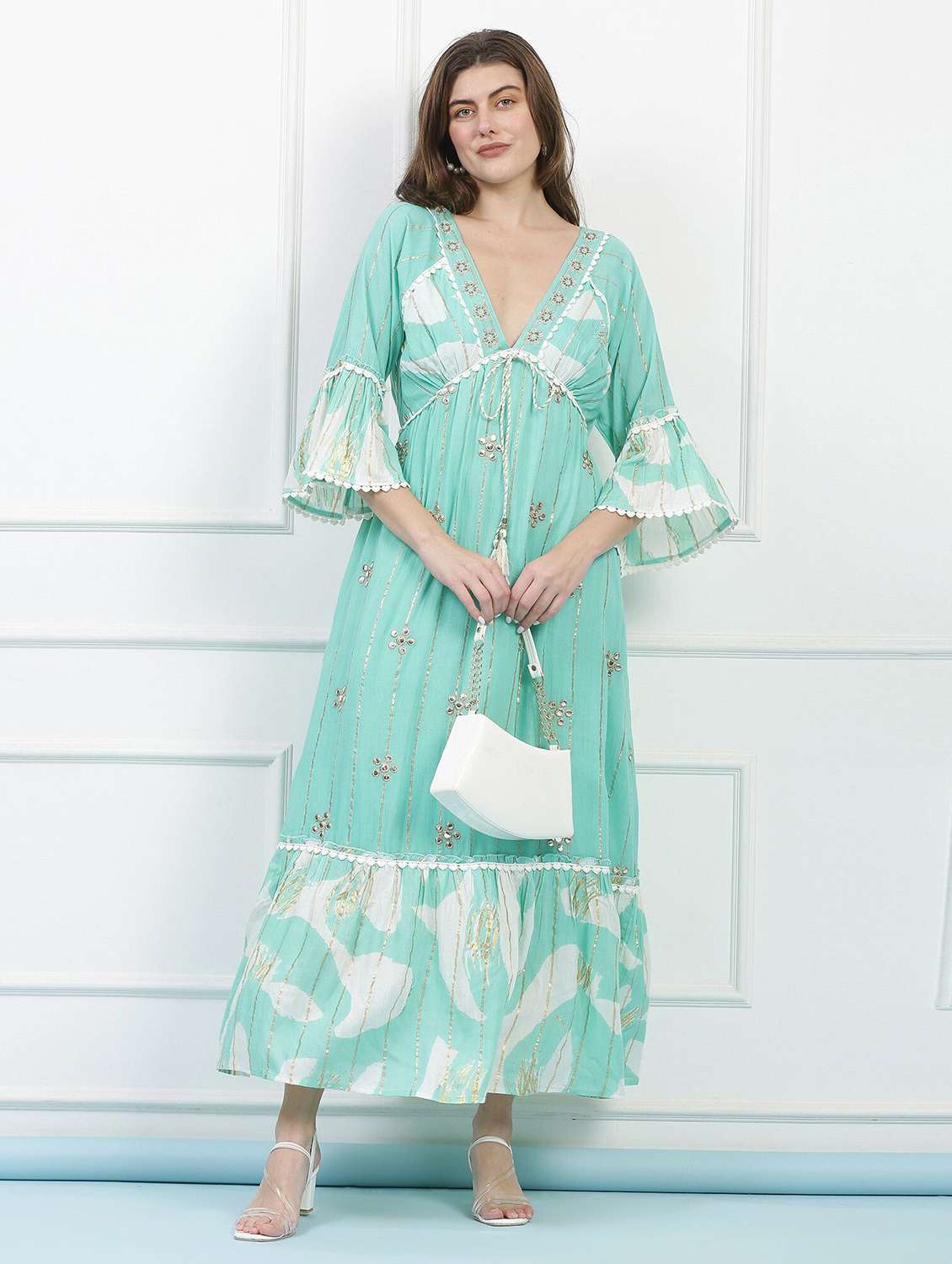 majestic by baani women cinched waist green maxi length dress