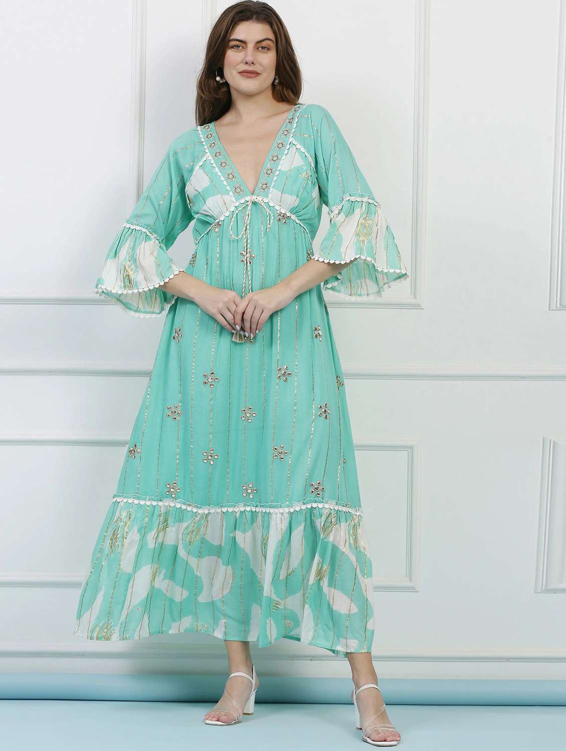 majestic by baani women cinched waist green maxi length dress - 22148058 -  Standard Image - 1