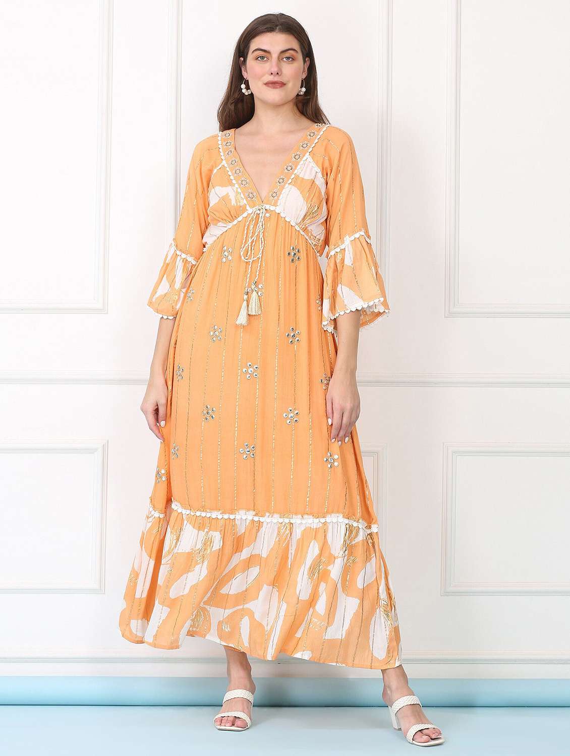 majestic by baani women cinched waist orange maxi length dress