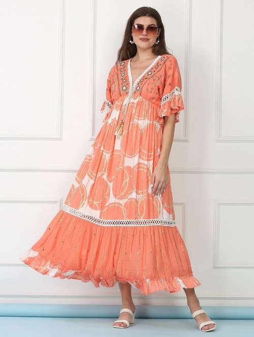 majestic by baani women cinched waist orange maxi length dress - 22148065 -  Standard Image - 0