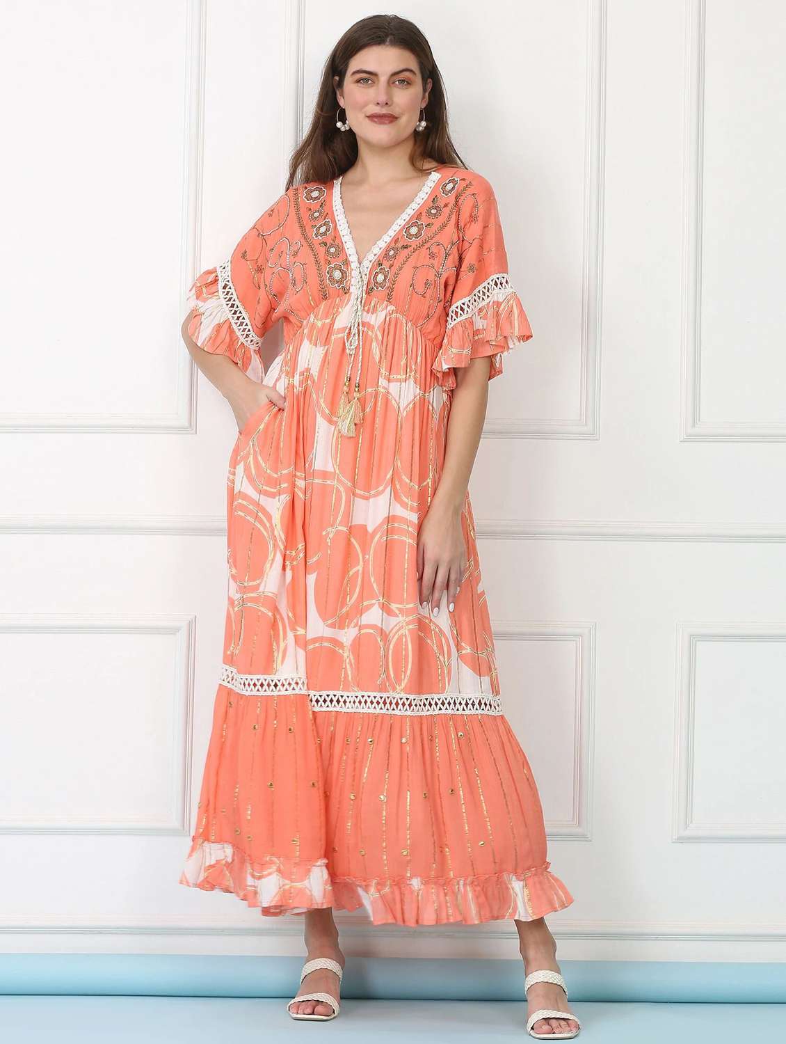 majestic by baani women cinched waist orange maxi length dress - 22148065 -  Standard Image - 1