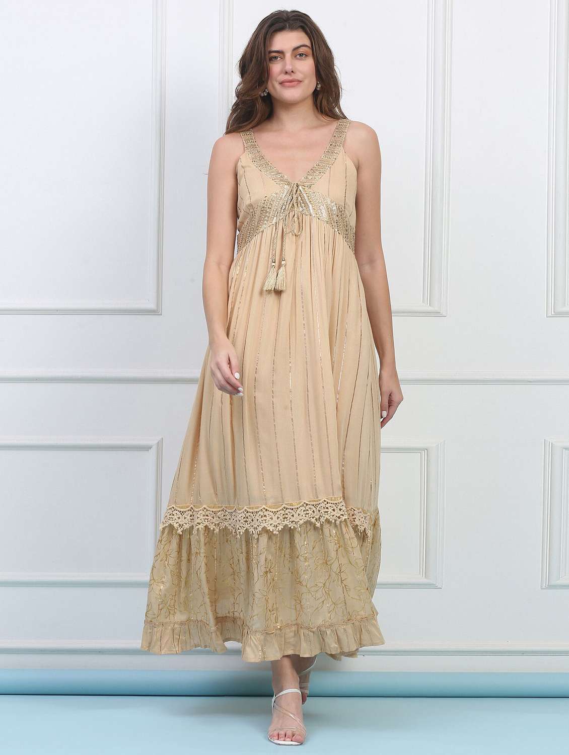 majestic by baani women tiered brown maxi length dress - 22148069 -  Standard Image - 1