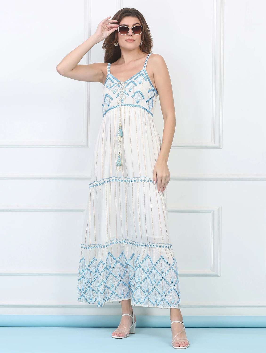 majestic by baani women tiered white maxi length dress