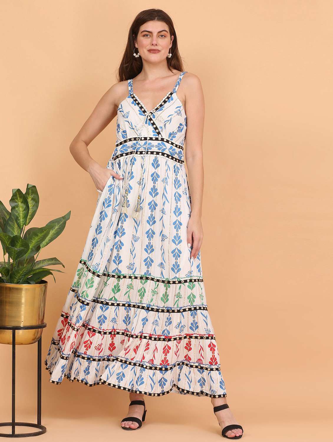 women printed shoulder strap tiered dress - 22148087 -  Standard Image - 1